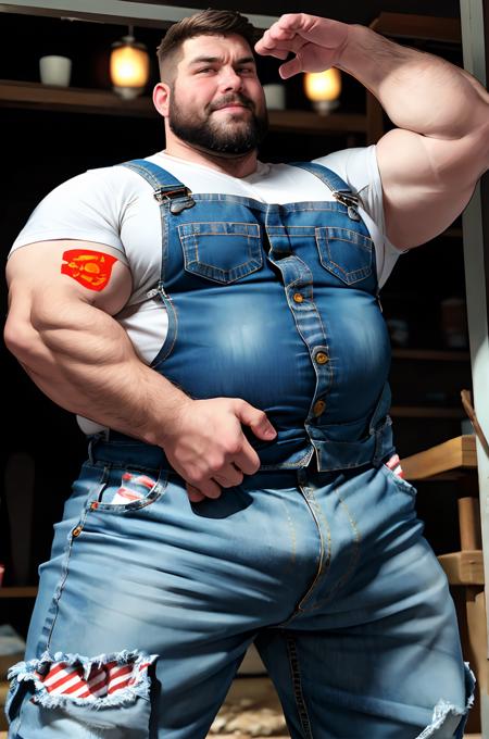 03752-3773331991-obese a masculine man with a beard with a crotch bulge, Hunting, wearing Yak-style Denim overalls and striped shirt,  _lora_add_.png